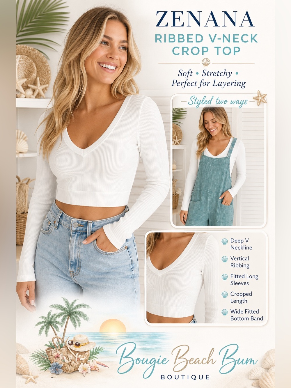 Zenana Outfitters White Ribbed V-Neck Long Sleeve Crop Top